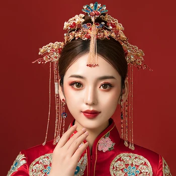 NiuShuya Retro Phoenix Chineză De Păr Coroana De Mireasa Frizură Veche Agrafe De Aur Ciucuri Lungi De Mireasa Mireasa Accesorii De Par
