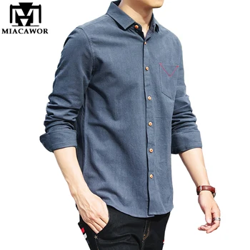 MIACAWOR 2019 Nou Brand de Modă de Culoare Solidă pentru Bărbați Cămăși de Bumbac Toamna cu Maneca Lunga Tricouri Casual Slim Fit Camisa Sociale MC315