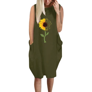 Femei Rochie de Floarea-soarelui Tipărite Felinar O-neck fără Mâneci Rochie de Rezervor de îmbrăcăminte pentru Femei, cu Buzunar de Vara Rochie Plus Dimensiune 5XL