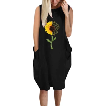 Femei Rochie de Floarea-soarelui Tipărite Felinar O-neck fără Mâneci Rochie de Rezervor de îmbrăcăminte pentru Femei, cu Buzunar de Vara Rochie Plus Dimensiune 5XL