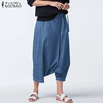 Vara Toamna ZANZEA 2019 Femei Casual Harem Pantaloni Plus Dimensiune Picătură Picioare Pantaloni din Denim Vintage Lace Up Pantalon Hip Hop Pantaloni