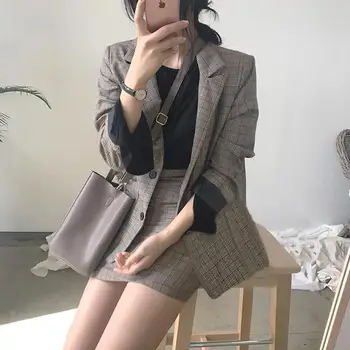 Coreea Sacou Elegant Haină în Carouri Fusta Mini Costum Costum Sacou Office Lady Sacou, Fusta cu Talie Inalta 2 Bucata Set Haine pentru Femei