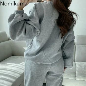 Nomikuma Coreean Chic Femei Din Două Piese Set O-Gat Maneci Lungi Tricou De Talie Mare Pantaloni Largi New Sosire Culoare Solidă Trening