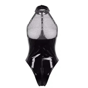 Erotic Sexy Fără Latex Catsuit Fishnet Îmbrăcăminte Deschis Picioare Salopeta Din Piele De Brevet Matern Expunerea Body Lenjerie