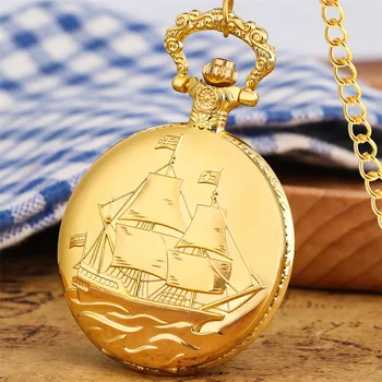 Aur antic Barcă cu pânze Design Cuarț Ceasuri de Buzunar Pandantiv Ceas cu Fob Lanț