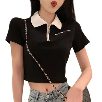 Sexy Scurte T-shirt Femei Casual Scrisoare Fermoar tricouri de Vara cu Maneci Scurte Rever Tee Topuri