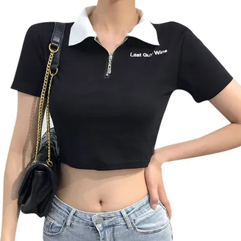 Sexy Scurte T-shirt Femei Casual Scrisoare Fermoar tricouri de Vara cu Maneci Scurte Rever Tee Topuri