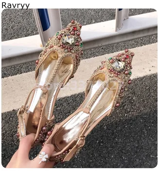 Șir de mărgele decor Femeie rochie de petrecere pantofi de lux cristal Subliniat Toe singur glezna pantofi cataramă feminin casual pantofi se potriveste