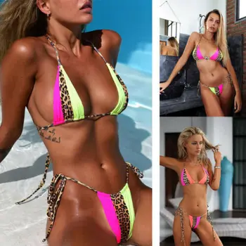 2 buc Femeile Bandaj Bikini Push-up Sutien costum de Baie Split Plaja Costume de baie Leopard Bikini Set Mozaic