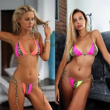 2 buc Femeile Bandaj Bikini Push-up Sutien costum de Baie Split Plaja Costume de baie Leopard Bikini Set Mozaic