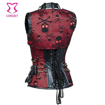 Roșu / Negru Craniu Model Gothic Punk Corset De Piele Jacheta Steampunk Haine Plus Dimensiunea Corsete Și Bustiers Costume De Burlesc