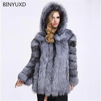 BINYUXD moda Noua groasa de iarna cu gluga jacheta cald imitație de blană de înaltă calitate imitație haină de blană de mari dimensiuni femei Palton