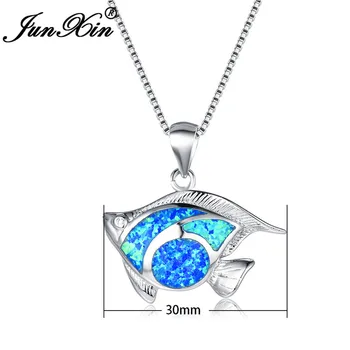 JUNXIN Ocean Blue Opal de Foc de Pește Pandantiv Coliere Pentru Femei Barbati Culoare Argintie Mistică Piatra Colier de Nunta