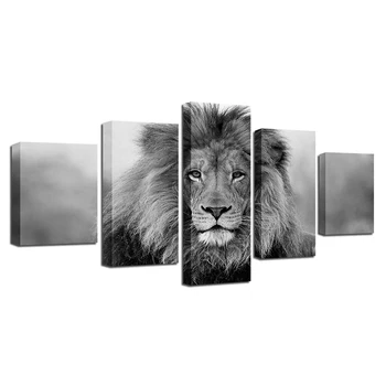 Panza Imagini Modular de Perete de Arta Cadru 5 Piese Animal Leu Tablou Living HD Printuri Alb-Negru Poster Decor Acasă