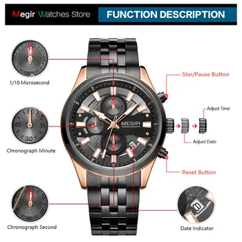MEGIR 2020 Brand de Lux Ceasuri Bărbați Impermeabil Luminos, Afaceri, Sport Ceas de mână din Oțel Inoxidabil Cronograf Cuarț Om