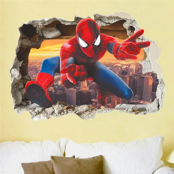 Efect 3d erou spiderman prin autocolante de perete pentru camera copii arta de perete decor desene animate pvc rupt decalcomanii de perete diy postere cadouri