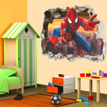 Efect 3d erou spiderman prin autocolante de perete pentru camera copii arta de perete decor desene animate pvc rupt decalcomanii de perete diy postere cadouri