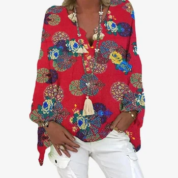2021 Primăvara Vintage Print Bluza Camasi Femei Elegante V-Neck Maneca Lunga Bluze Pulovere Femei Casual Pierde Streetwear Blusa 4XL