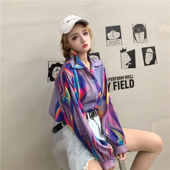 Gagaok Femei Streetwear Bluza De Primavara Toamna Anului Nou Rever Guler De Imprimare Vrac Retro Casual Sălbatice De Moda De Sex Feminin Coreeană Laser Tricouri