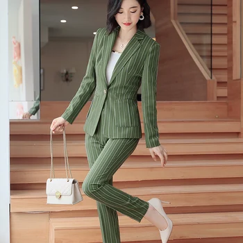 Lenshin de Înaltă Calitate 2 Bucata Set cu Dungi Formale Pantaloni cu Buzunare Mari Sacou Office Lady Femei de Afaceri Sacou și Pantaloni