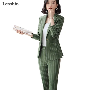 Lenshin de Înaltă Calitate 2 Bucata Set cu Dungi Formale Pantaloni cu Buzunare Mari Sacou Office Lady Femei de Afaceri Sacou și Pantaloni