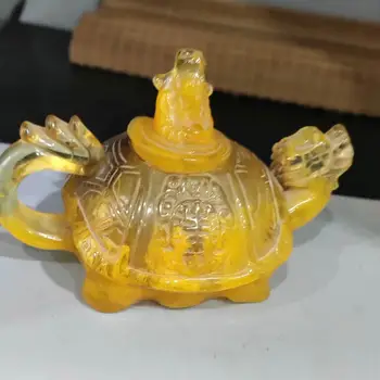 Colectie Rara Chineză Manopera Amber Sculptură Dragon & Dumnezeu A Bogăției Oală De Ceai Longevitate Și Bogăție Oală De Apă Set De Ceai