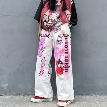 Hip Hop Streetwear Femei Pantaloni Anime Print Pantaloni Largi Picior Femei Estetice Pantaloni Largi 2020 Harajuku Graffiti Pantaloni Largi