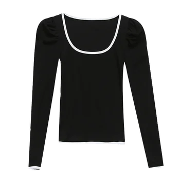 Femei guler pătrat dulce tricou fete elastic plin puff maneca mozaic maieuri tricouri topuri de cultură pentru anul 2020 de primăvară femeie