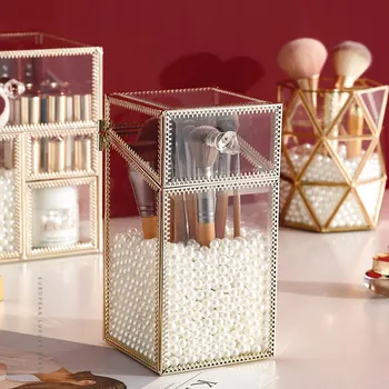 Sticla Cosmetice Organizator Machiaj Perie Suport Cutie de Depozitare de Aur Retro Creioane pentru Sprâncene Recipient de Bijuterii Șirag de mărgele Cutie cu Capac