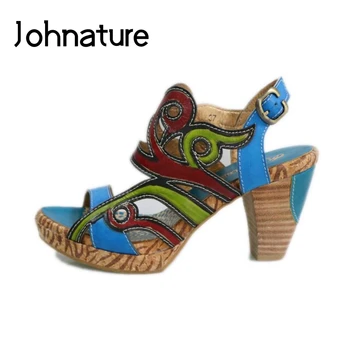 Johnature Piele Naturala Femei Sandale 2020 Noi De Vara Retro Culori Amestecate De Cusut Catarama Curea Toc Pătrat Casual Pantofi Pentru Femei
