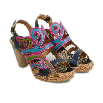 Johnature Piele Naturala Femei Sandale 2020 Noi De Vara Retro Culori Amestecate De Cusut Catarama Curea Toc Pătrat Casual Pantofi Pentru Femei