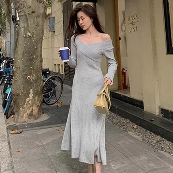 2020-O Bucată de Femei V-Neck Rochie Tricot coreean Elegant cu Maneca Lunga rochie de Toamna Iarna Femeie O Linie de Tricotat Pulover Rochie Doamnelor