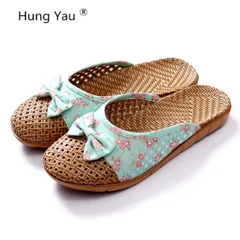 Femei In Papuci, Pantofi de Vara pentru Femeie Stil Chinezesc Flori Lenjerie de Slide-uri Femei Goale de bambus Sandale Flip Flops Plus Dimensiune 35-45