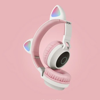Drăguț Pisică Ureche setul cu Cască Bluetooth 5.0 Muzica Stereo Bass Căști de Lumină LED, Telefoane Mobile Fata de Fiica Cască Cadouri