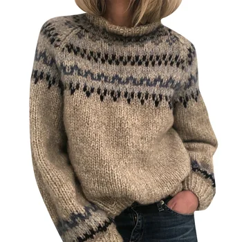 Iarna Casual Gros-tricot Pulover Pulovere de Moda cu Dungi de Imprimare O-gât Lantern Mâneci Topuri Femeile Strada Pulovere Calde