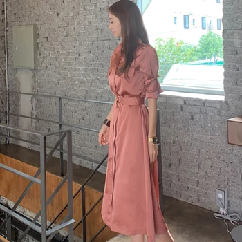 H Han Regina Toamna Dantela-up Rochie de Camasa Femei la Jumătatea vițel Petrecere Rochii Casual-coreean Slim Simplu Poarte O-linie Vestidos 2020