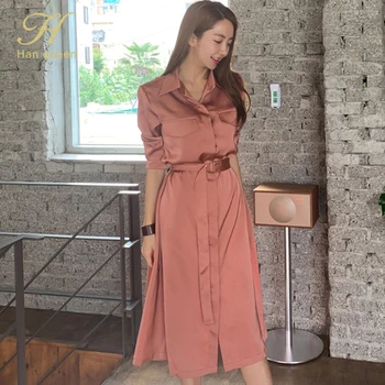 H Han Regina Toamna Dantela-up Rochie de Camasa Femei la Jumătatea vițel Petrecere Rochii Casual-coreean Slim Simplu Poarte O-linie Vestidos 2020