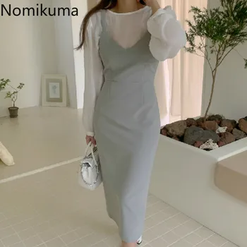 Nomikuma Nou și Elegant Chic Rochie de Curea Spaghete Femei Vestidos Culoare Solidă Talie Subțire la Mijlocul Gambei Camis Rochii Stil coreean 3d405