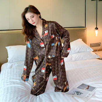 Toamna Femei pijama set de Poker Model de Pijamale de Culoare Maro cu mâneci Lungi de Mătase Ca Cămășuță de noapte de Lux, Haine de Acasă îmbrăcăminte de noapte Set