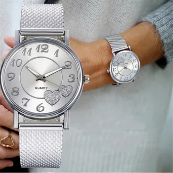 Modul Vrouwen Horloges Dames Horloge Zilveren Hart Dial Siliconen Plasă Riem Polshorloge Reloj Mujer Montre Femme Vrouwen Horloge