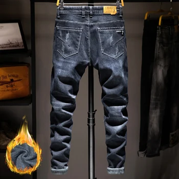 2020 Iarna Noi Bărbați Cald Slim Fit Jeans de culoare Albastru Închis Moda Îngroșa Denim Pantaloni Fleece Stretch Brand Pantaloni de Blugi de sex Masculin Hombre