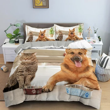 Ciobanesc German Cu Cat Carpetă Acopere Singur Regina King Animal De Lux Câine Set De Lenjerie De Pat Pentru Copii Adult Euro Dimensiune Bedcloth