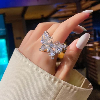 Coreeană Nou Design de Moda Bijuterii de Lux Cupru Încrustat Zircon Inel Exagerat Fluture Cocktail de Deschidere Inel pentru femei