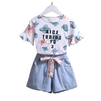VIDMID copii pentru copii Fete de vară seturi de îmbrăcăminte la modă pentru copii fete de bumbac flori tricou + pantaloni scurti din denim îmbrăcăminte seturi P2036