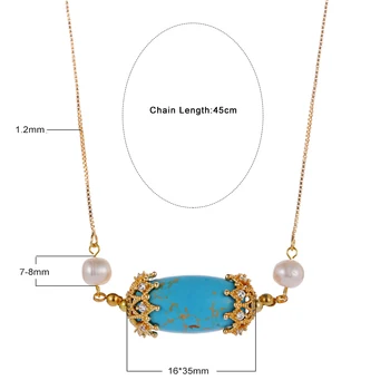 Naturale Albastru Turcoaz Piatra Cravată Colier de Aur Coroana de Cristal Pandantiv Coliere 7-8mm Rotund Alb Coliere de Perle Pentru Femei
