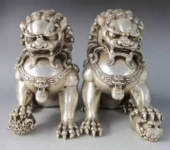 Chineză veche argint Tibetan sculptate pereche foo câine statuia leului