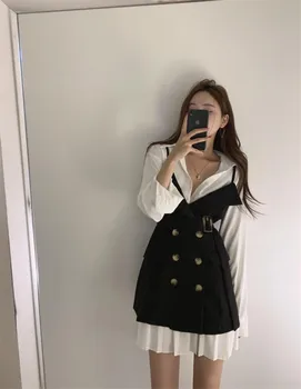 Moda coreeană Vestidos Femei 2 Costum Rochie Dulce Două Piese Seturi de Rochie Cămașă Lungă Albă+Curea Negru Fusta Mini Costume de Haine