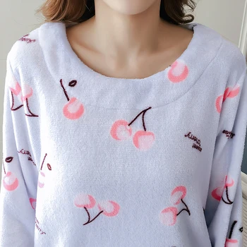 Iarna Maneca Lunga Femei Pijama Set De Desene Animate Cherry Coral Fleece Gros Cald Pijama Set De Sex Feminin Flanel Acasă Sleepwear Pantaloni De Costum
