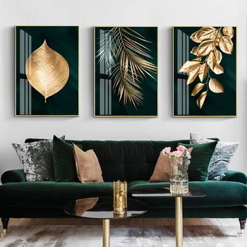 Modern de Aur Plante cu Frunze de culoare Verde Închis de Fundal Panza Pictura Printuri de Arta de Perete Imagine Poster pentru Camera de zi Acasă Decorative
