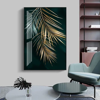 Modern de Aur Plante cu Frunze de culoare Verde Închis de Fundal Panza Pictura Printuri de Arta de Perete Imagine Poster pentru Camera de zi Acasă Decorative